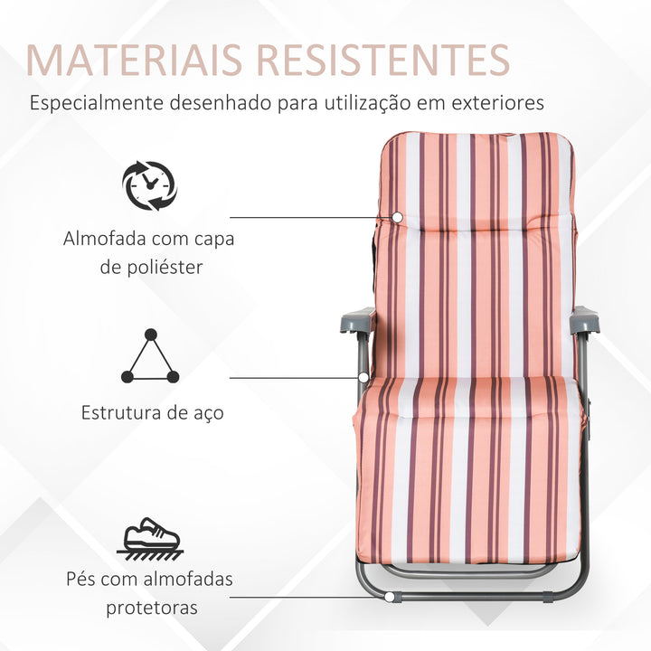 2 Espreguiçadeiras de Jardim Dobráveis Espreguiçadeiras de Aço com Almofada Acolchoada Encosto Ajustável em 5 Posições e Apoio para os Pés 60x75x65-102cm Laranja e Branco