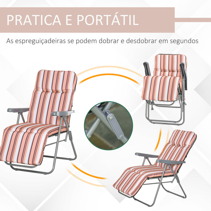 2 Espreguiçadeiras de Jardim Dobráveis Espreguiçadeiras de Aço com Almofada Acolchoada Encosto Ajustável em 5 Posições e Apoio para os Pés 60x75x65-102cm Laranja e Branco