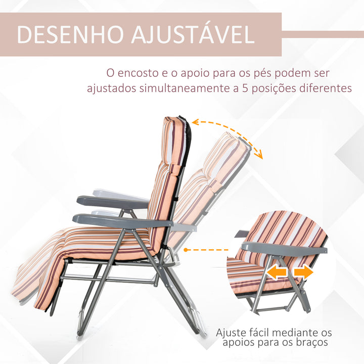 2 Espreguiçadeiras de Jardim Dobráveis Espreguiçadeiras de Aço com Almofada Acolchoada Encosto Ajustável em 5 Posições e Apoio para os Pés 60x75x65-102cm Laranja e Branco