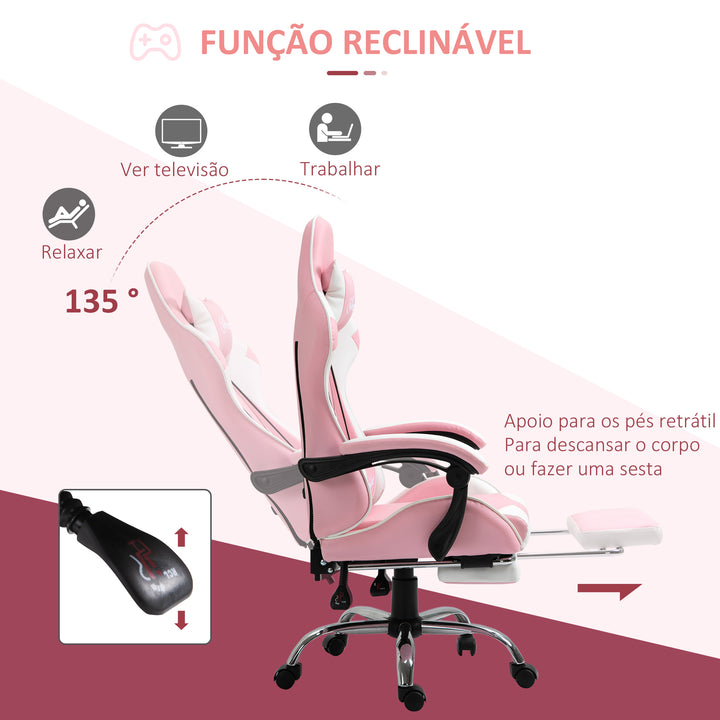 Cadeira de Gaming Reclinável Cadeira Gaming Giratória com Apoio para a Cabeça Apoio para os Pés Almofada Lombar Altura Ajustável para Escritório Estúdio 64x67x119-127 cm Rosa