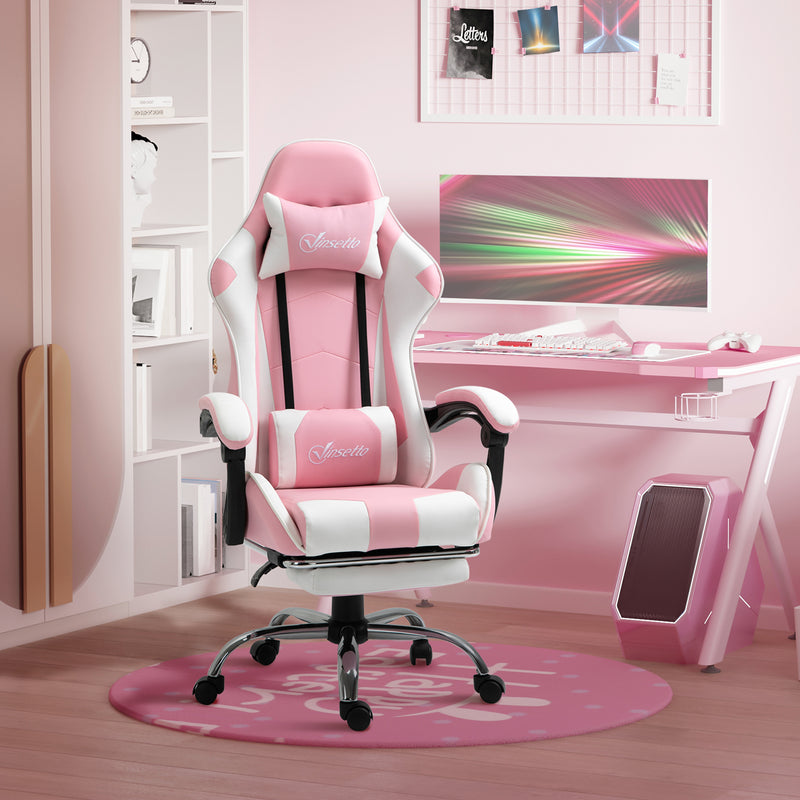 Cadeira de Gaming Reclinável Cadeira Gaming Giratória com Apoio para a Cabeça Apoio para os Pés Almofada Lombar Altura Ajustável para Escritório Estúdio 64x67x119-127 cm Rosa