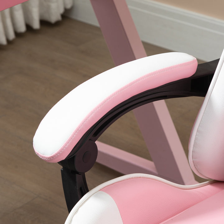 Cadeira de Gaming Reclinável Cadeira Gaming Giratória com Apoio para a Cabeça Apoio para os Pés Almofada Lombar Altura Ajustável para Escritório Estúdio 64x67x119-127 cm Rosa