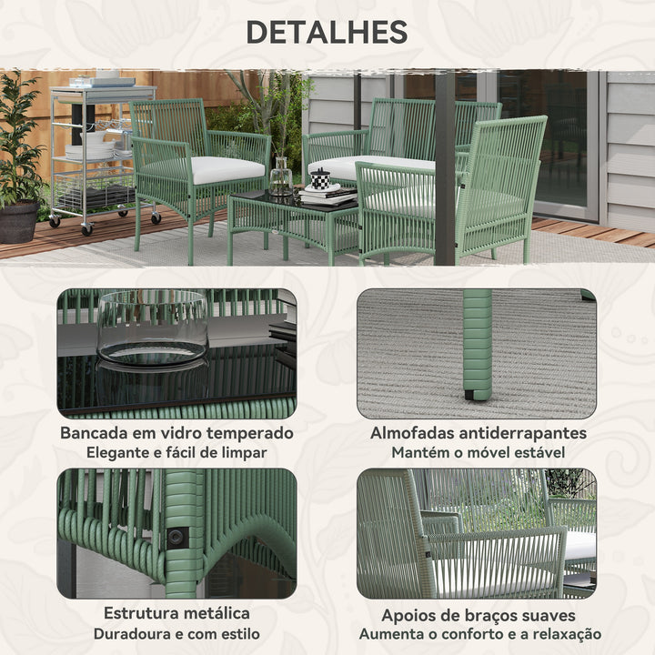 Conjunto de Jardim Exterior em Vime Móveis de Jardim para 4 Peças Móveis para Terraço com 1 Sofá de 2 Lugares 2 Poltronas Almofadas e 1 Mesa com Tampo de Vidro para Pátio Verde e Bege