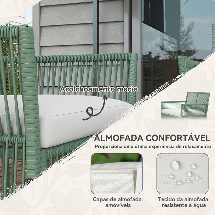 Conjunto de Jardim Exterior em Vime Móveis de Jardim para 4 Peças Móveis para Terraço com 1 Sofá de 2 Lugares 2 Poltronas Almofadas e 1 Mesa com Tampo de Vidro para Pátio Verde e Bege