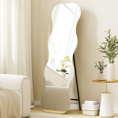 Espelho de Pé 160x50 cm sem Moldura Espelho de Corpo Inteiro com Forma Ondulada Suporte e Base de Madeira Montagem no Chão ou Apoiado na Parede para Sala Entrada e Quarto Preto