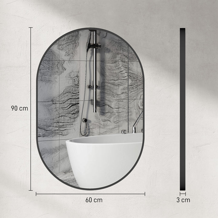 Espelho Casa de Banho Ovalado 60x90 cm Espelho Decorativo de Parede com Estrutura de Alumínio para Sala de Estar Entrada Corredor Horizontal ou Vertical Preto