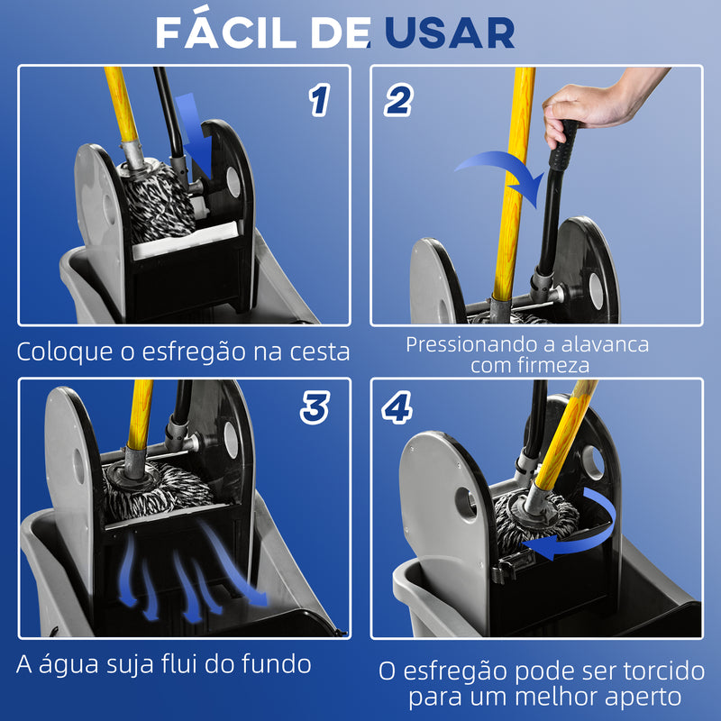 Balde de Esfregona Comercial Balde de Esfregona com Espremedor de Pressão para Baixo Capacidade 36L com 4 Rodas Silenciosas 2 Cubetas Separadas 54x41x91,5 cm Cinza