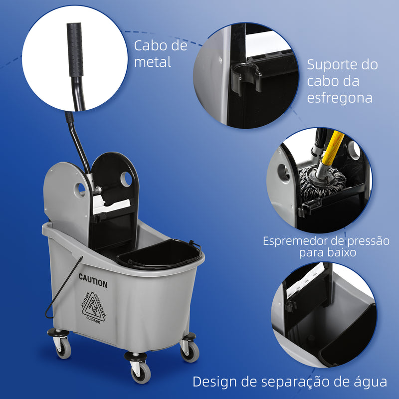 Balde de Esfregona Comercial Balde de Esfregona com Espremedor de Pressão para Baixo Capacidade 36L com 4 Rodas Silenciosas 2 Cubetas Separadas 54x41x91,5 cm Cinza