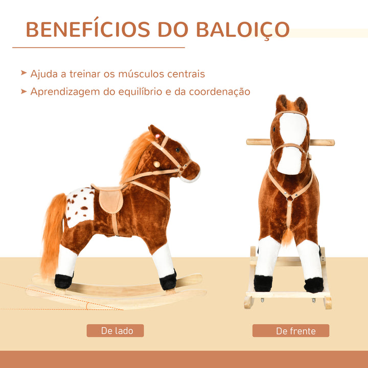Cavalo de balanço para crianças acima de 3 anos com sons 74x28x65cm Castanho