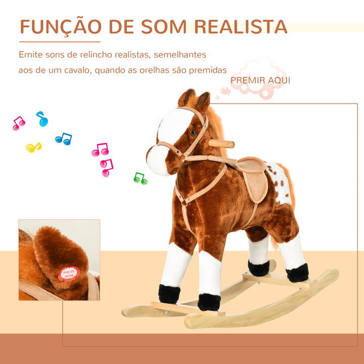 Cavalo de balanço para crianças acima de 3 anos com sons 74x28x65cm Castanho
