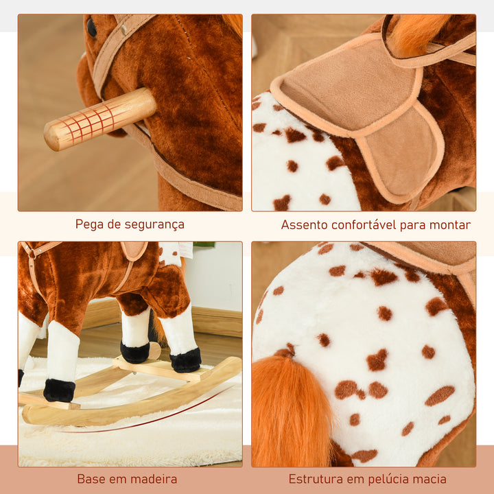 Cavalo de balanço para crianças acima de 3 anos com sons 74x28x65cm Castanho