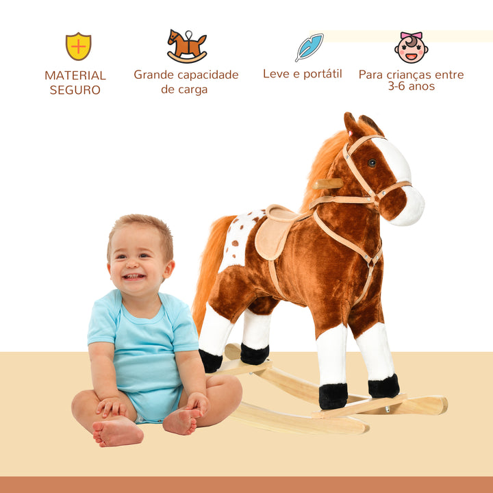 Cavalo de balanço para crianças acima de 3 anos com sons 74x28x65cm Castanho
