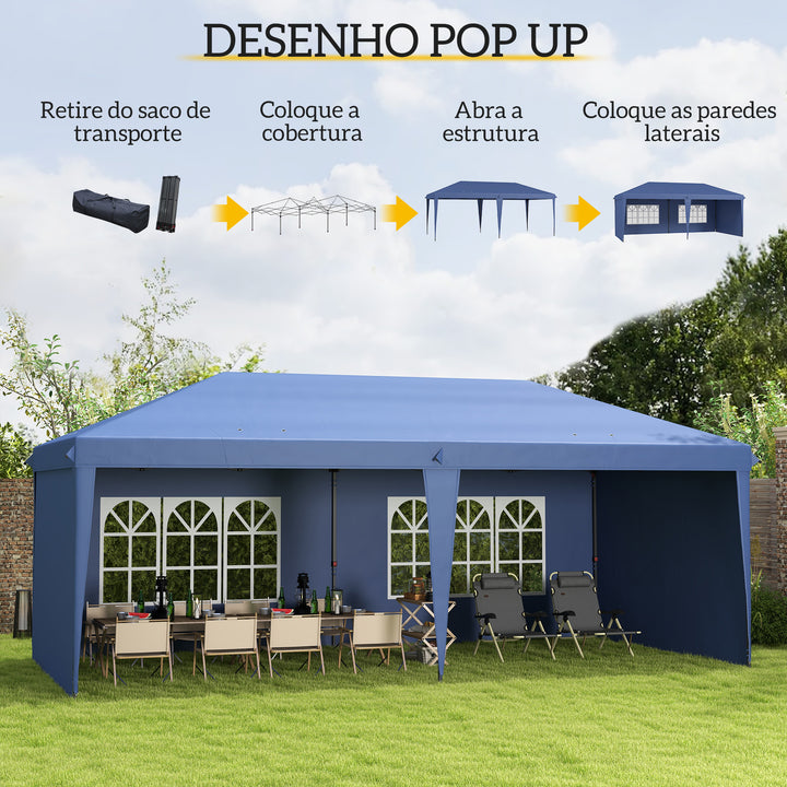 Tenda Dobrável 6x3 m Pop-up com 4 Laterais Desmontáveis Tenda de Jardim com 2 Janelas Visíveis Saco de Transporte Impermeável Anti-UV Tenda para Campismo Festas Exterior Azul