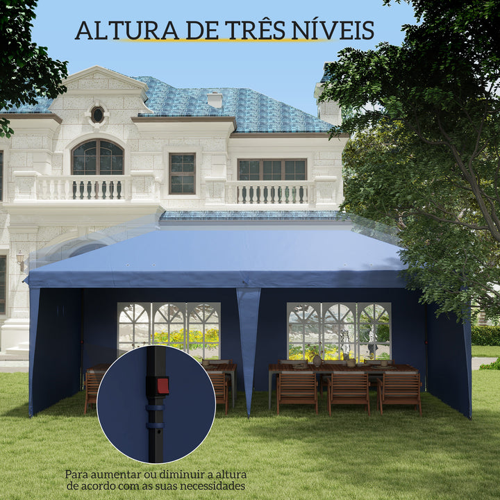 Tenda Dobrável 6x3 m Pop-up com 4 Laterais Desmontáveis Tenda de Jardim com 2 Janelas Visíveis Saco de Transporte Impermeável Anti-UV Tenda para Campismo Festas Exterior Azul