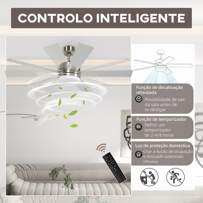 Ventoinha de Teto com Luz LED 46W Ventoinha de Teto Silencioso Ø132 cm com 5 Lâminas Reversíveis Controlo Remoto 6 Velocidades e Temporizador para Quarto Sala Natural