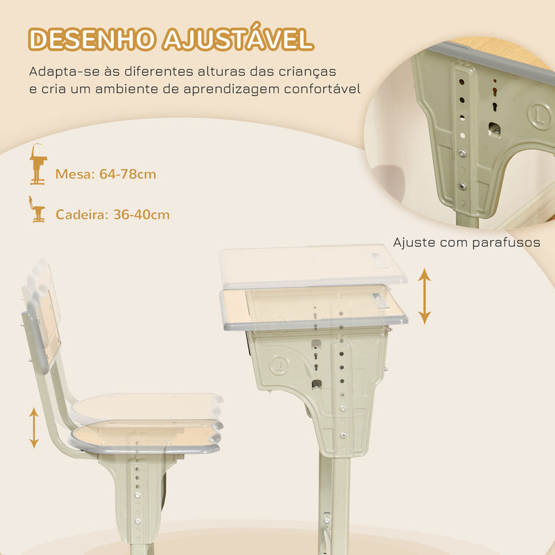 Conjunto de Secretária e Cadeira para Crianças acima de 6 Anos Secretária Infantil com Altura Ajustável Secretária para Crianças com Gaveta Gancho Madeira e Verde