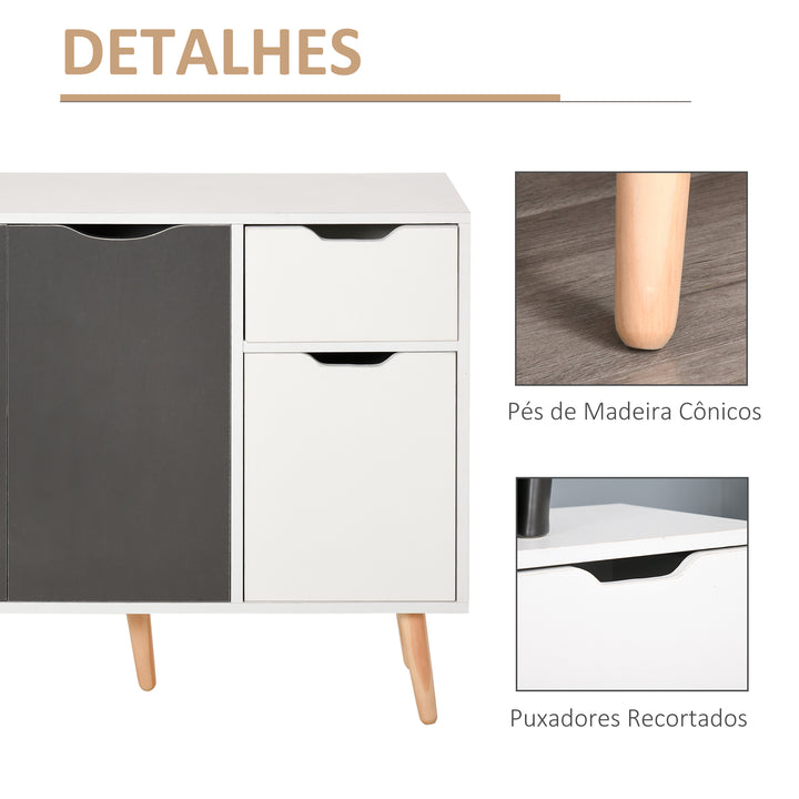 Aparador Móvel Auxiliar de Armazenamento com 2 Armários de Porta Gaveta Pés de Madeira para Sala de Estar Cozinha Dormitório 90x30x72 cm Cinza e Branco