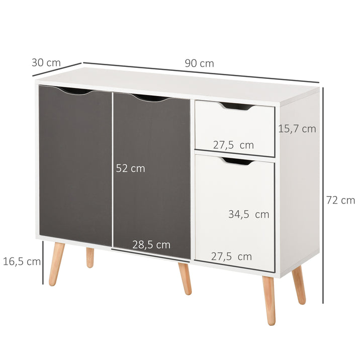 Aparador Móvel Auxiliar de Armazenamento com 2 Armários de Porta Gaveta Pés de Madeira para Sala de Estar Cozinha Dormitório 90x30x72 cm Cinza e Branco