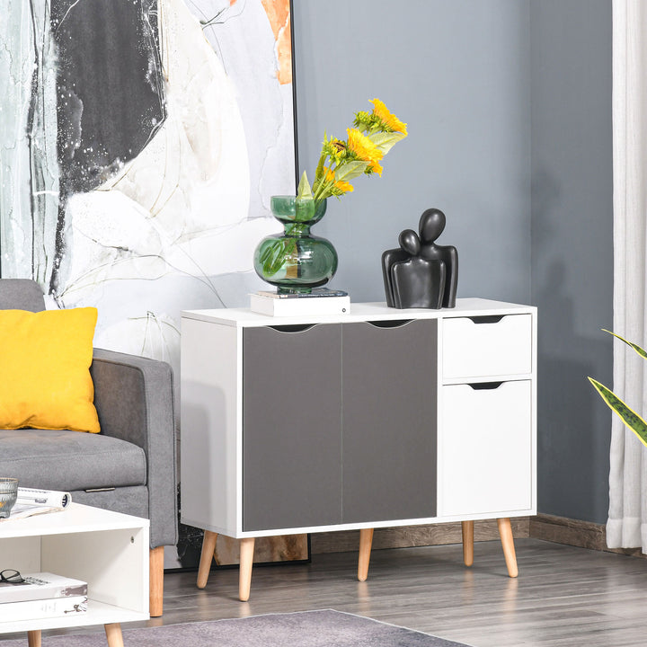 Aparador Móvel Auxiliar de Armazenamento com 2 Armários de Porta Gaveta Pés de Madeira para Sala de Estar Cozinha Dormitório 90x30x72 cm Cinza e Branco