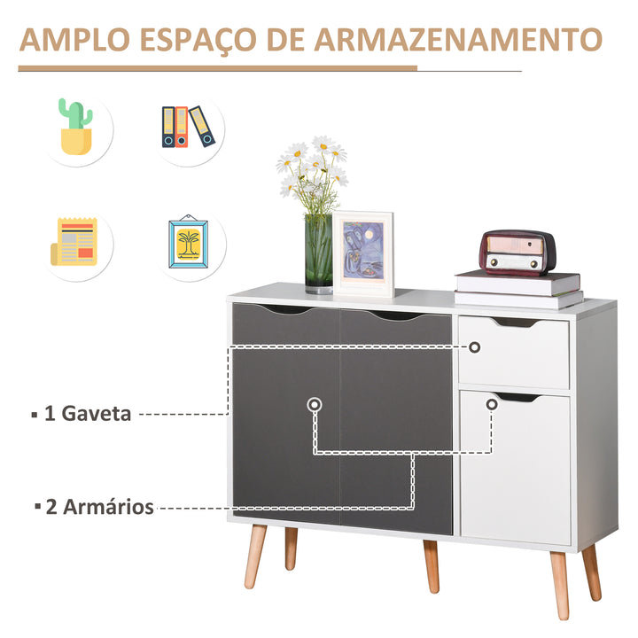 Aparador Móvel Auxiliar de Armazenamento com 2 Armários de Porta Gaveta Pés de Madeira para Sala de Estar Cozinha Dormitório 90x30x72 cm Cinza e Branco