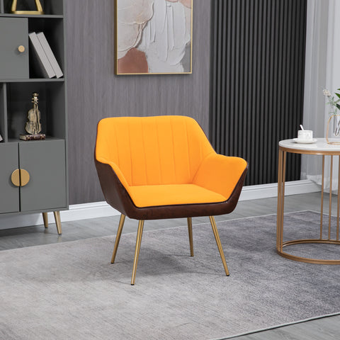 Poltrona de Sala de Estar Estofada em Couro Sintético e Veludo com Apoios para os Braços Pés Dourados e Estrutura de Aço Poltrona para Dormitório Carga 120 kg 64x62x72,5 cm Amarelo