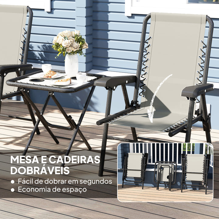 Conjunto de Mesa e Cadeiras de Jardim Móveis de Exterior Dobrável com Estrutura de Aço e Suporte para Copos para Pátio Cinza Escuro