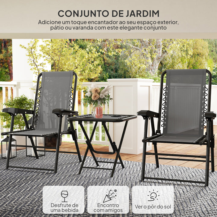 Conjunto de Mesa e Cadeiras de Jardim Móveis de Exterior Dobrável com Estrutura de Aço e Suporte para Copos para Pátio Cinza Escuro