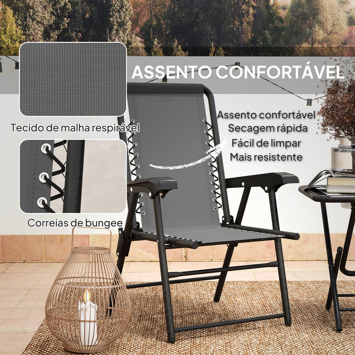 Conjunto de Mesa e Cadeiras de Jardim Móveis de Exterior Dobrável com Estrutura de Aço e Suporte para Copos para Pátio Cinza Escuro