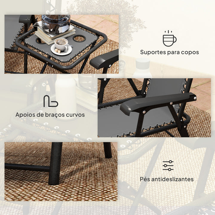 Conjunto de Mesa e Cadeiras de Jardim Móveis de Exterior Dobrável com Estrutura de Aço e Suporte para Copos para Pátio Cinza Escuro