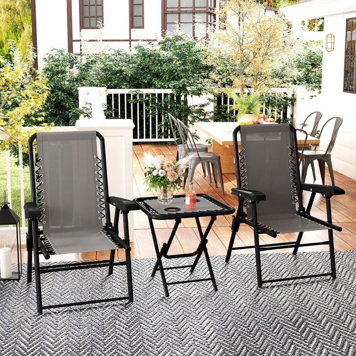 Conjunto de Mesa e Cadeiras de Jardim Móveis de Exterior Dobrável com Estrutura de Aço e Suporte para Copos para Pátio Cinza Escuro