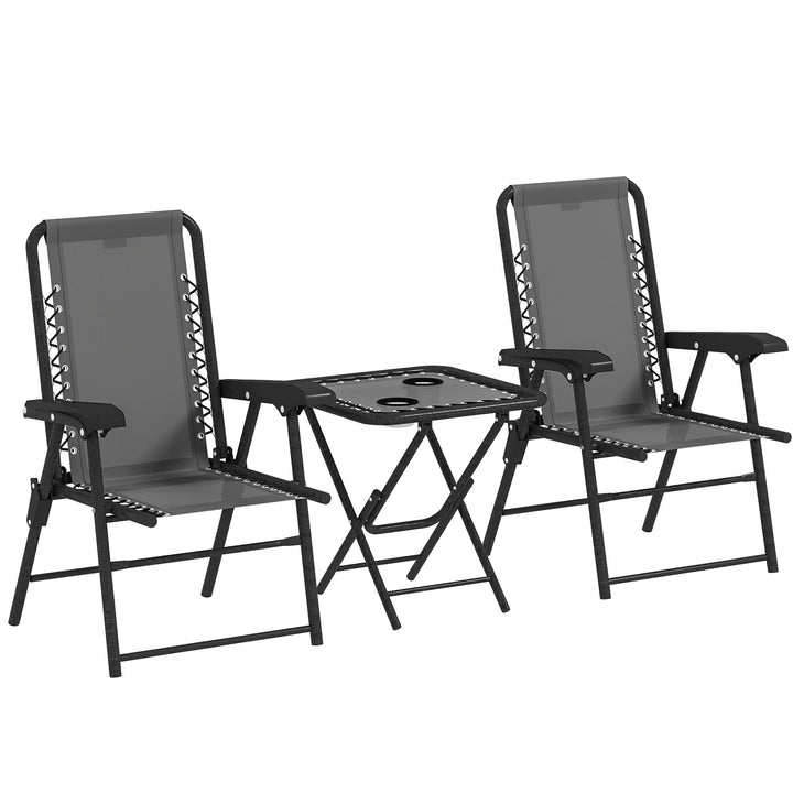 Conjunto de Mesa e Cadeiras de Jardim Móveis de Exterior Dobrável com Estrutura de Aço e Suporte para Copos para Pátio Cinza Escuro