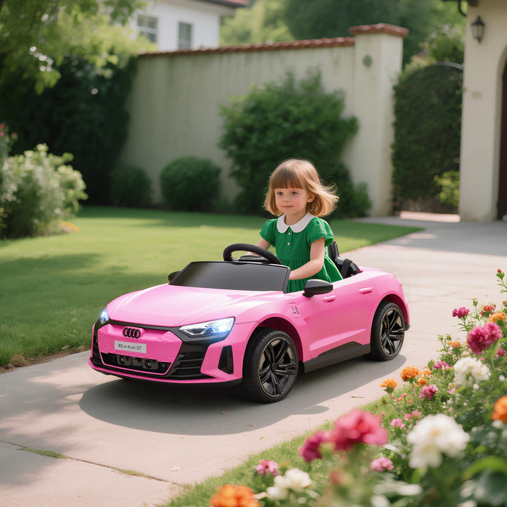 Carro Elétrico AUDI RS E-Tron GT para Crianças de 3-6 Anos Carro de Bateria 12V com 2 Motores Controlo Remoto Faróis LED Buzina Música USB e Abertura de Porta 3-5km/h 103x58x41 cm Rosa