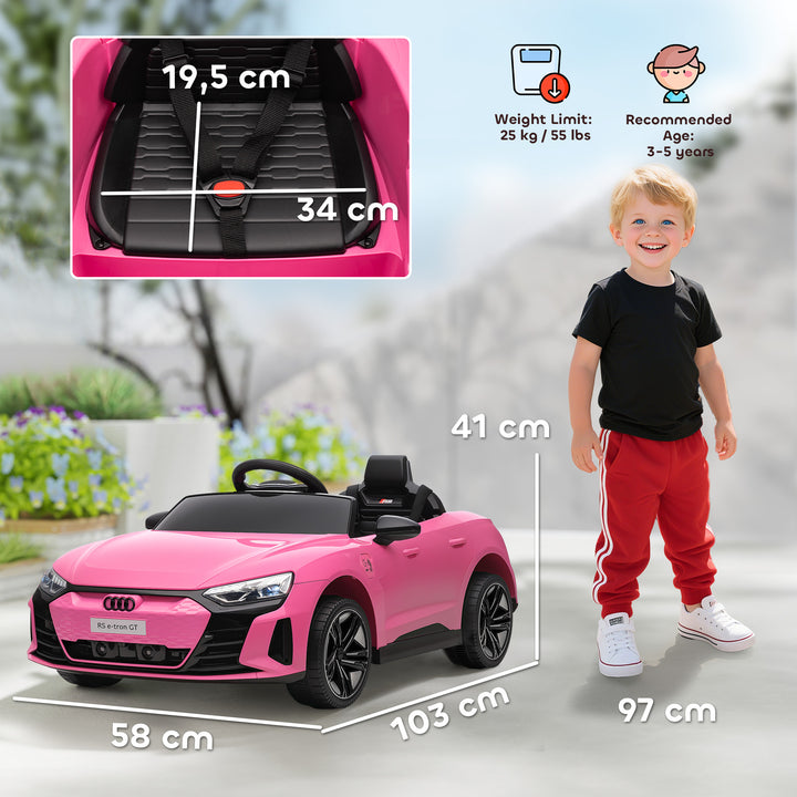 Carro Elétrico AUDI RS E-Tron GT para Crianças de 3-6 Anos Carro de Bateria 12V com 2 Motores Controlo Remoto Faróis LED Buzina Música USB e Abertura de Porta 3-5km/h 103x58x41 cm Rosa