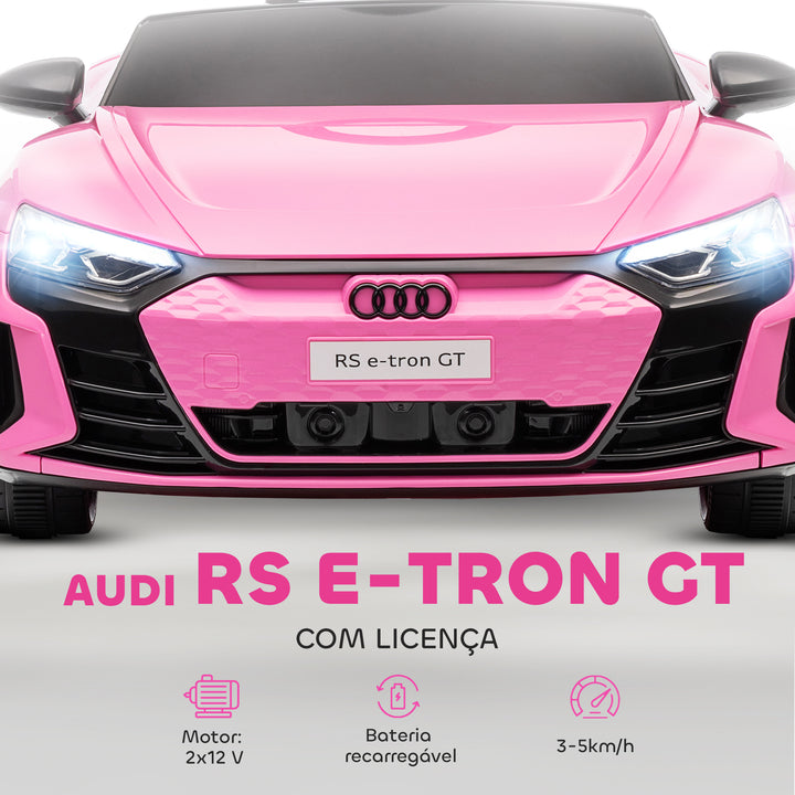 Carro Elétrico AUDI RS E-Tron GT para Crianças de 3-6 Anos Carro de Bateria 12V com 2 Motores Controlo Remoto Faróis LED Buzina Música USB e Abertura de Porta 3-5km/h 103x58x41 cm Rosa