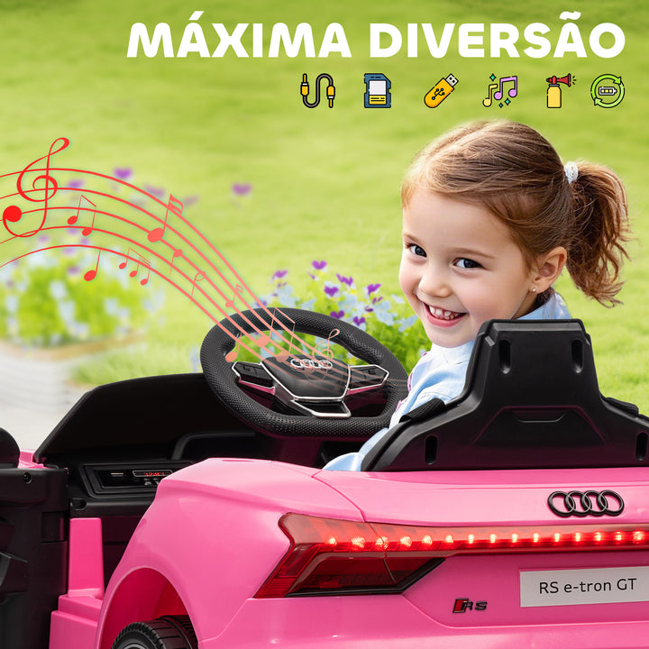 Carro Elétrico AUDI RS E-Tron GT para Crianças de 3-6 Anos Carro de Bateria 12V com 2 Motores Controlo Remoto Faróis LED Buzina Música USB e Abertura de Porta 3-5km/h 103x58x41 cm Rosa