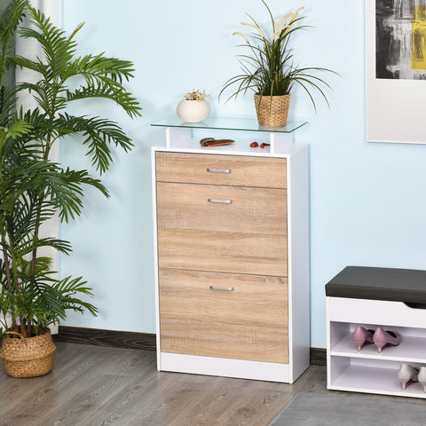 Móvel Sapateira de 2 Portas Sapateira Estreita para 12 Pares de Sapatos com Gaveta Prateleira Aberta e Bancada de Vidro para Corredor Entrada Carga Máx. 50kg 60x24x105,5cm Branco