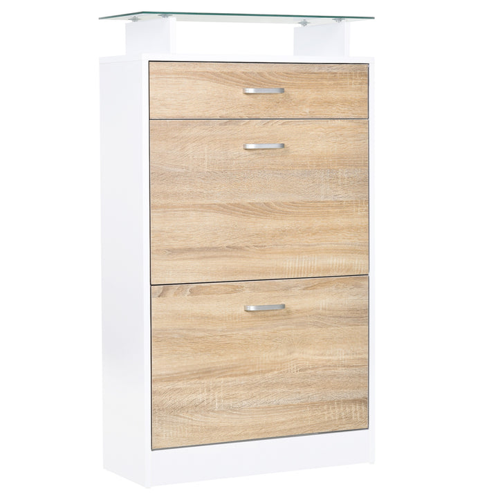 Móvel Sapateira de 2 Portas Sapateira Estreita para 12 Pares de Sapatos com Gaveta Prateleira Aberta e Bancada de Vidro para Corredor Entrada Carga Máx. 50kg 60x24x105,5cm Branco