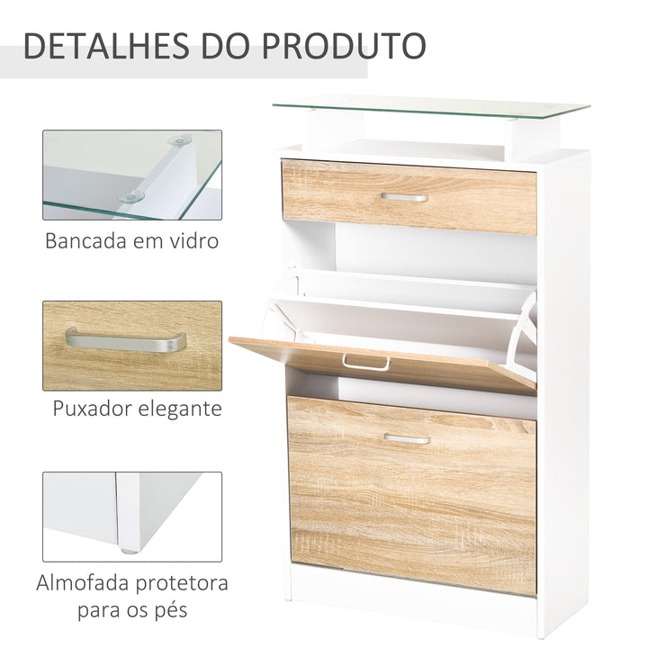 Móvel Sapateira de 2 Portas Sapateira Estreita para 12 Pares de Sapatos com Gaveta Prateleira Aberta e Bancada de Vidro para Corredor Entrada Carga Máx. 50kg 60x24x105,5cm Branco