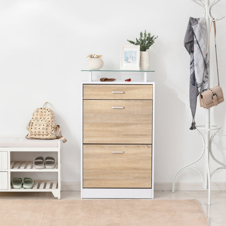 Móvel Sapateira de 2 Portas Sapateira Estreita para 12 Pares de Sapatos com Gaveta Prateleira Aberta e Bancada de Vidro para Corredor Entrada Carga Máx. 50kg 60x24x105,5cm Branco