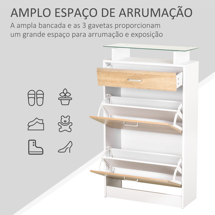 Móvel Sapateira de 2 Portas Sapateira Estreita para 12 Pares de Sapatos com Gaveta Prateleira Aberta e Bancada de Vidro para Corredor Entrada Carga Máx. 50kg 60x24x105,5cm Branco