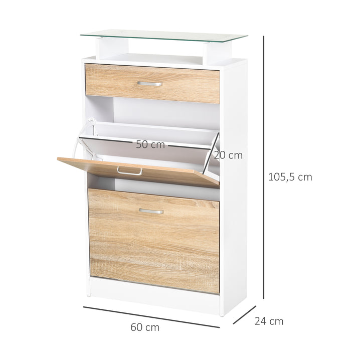 Móvel Sapateira de 2 Portas Sapateira Estreita para 12 Pares de Sapatos com Gaveta Prateleira Aberta e Bancada de Vidro para Corredor Entrada Carga Máx. 50kg 60x24x105,5cm Branco