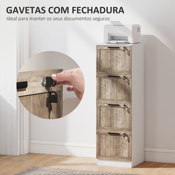 Bloco de Gavetas de Escritório com 4 Gavetas Bloco de Gavetas para Secretária com Fecho e 2 Chaves Barras para Pendurar A4 Carta Arquivador Móvel para Estudo 39,4x40x129 cm Branco e Madeira