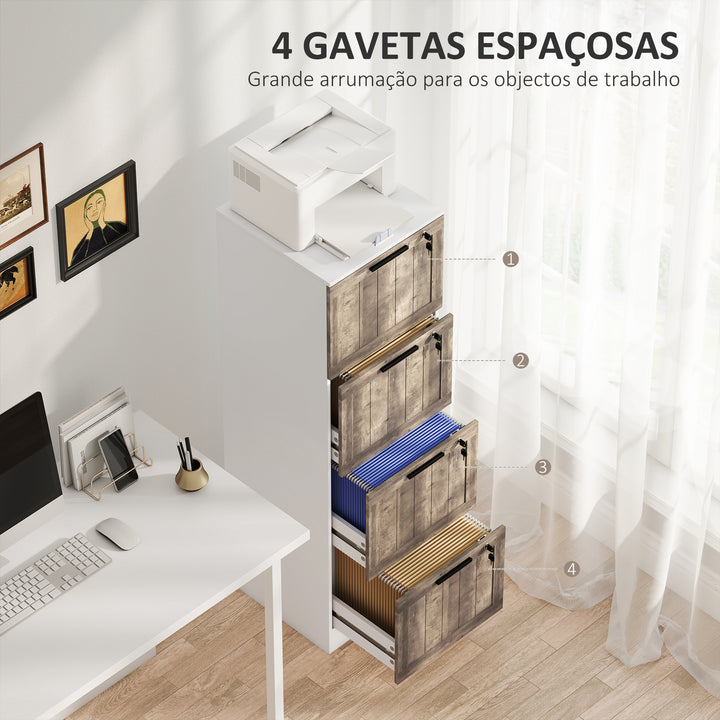 Bloco de Gavetas de Escritório com 4 Gavetas Bloco de Gavetas para Secretária com Fecho e 2 Chaves Barras para Pendurar A4 Carta Arquivador Móvel para Estudo 39,4x40x129 cm Branco e Madeira