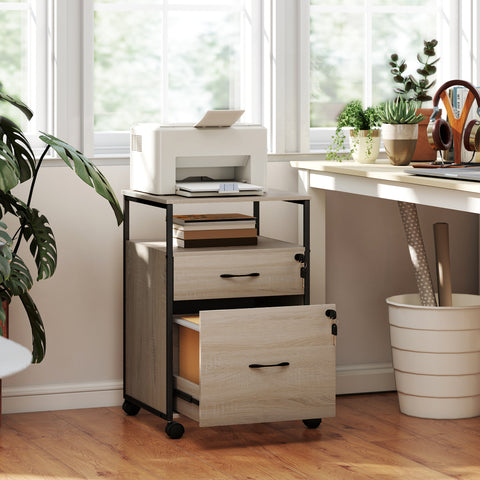 Bloco de Gavetas com Fechadura Bloco de Gavetas Escritório com Rodas 2 Gavetas Barra Suspensa para Papéis A4 e Carta e 2 Chaves 44x40x66,5 cm Madeira