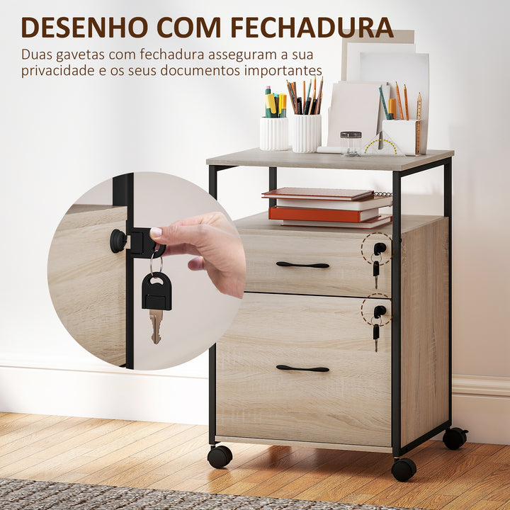 Bloco de Gavetas com Fechadura Bloco de Gavetas Escritório com Rodas 2 Gavetas Barra Suspensa para Papéis A4 e Carta e 2 Chaves 44x40x66,5 cm Madeira