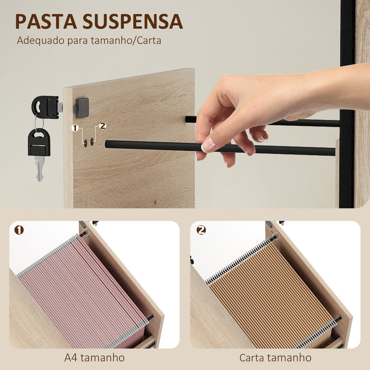 Bloco de Gavetas com Fechadura Bloco de Gavetas Escritório com Rodas 2 Gavetas Barra Suspensa para Papéis A4 e Carta e 2 Chaves 44x40x66,5 cm Madeira