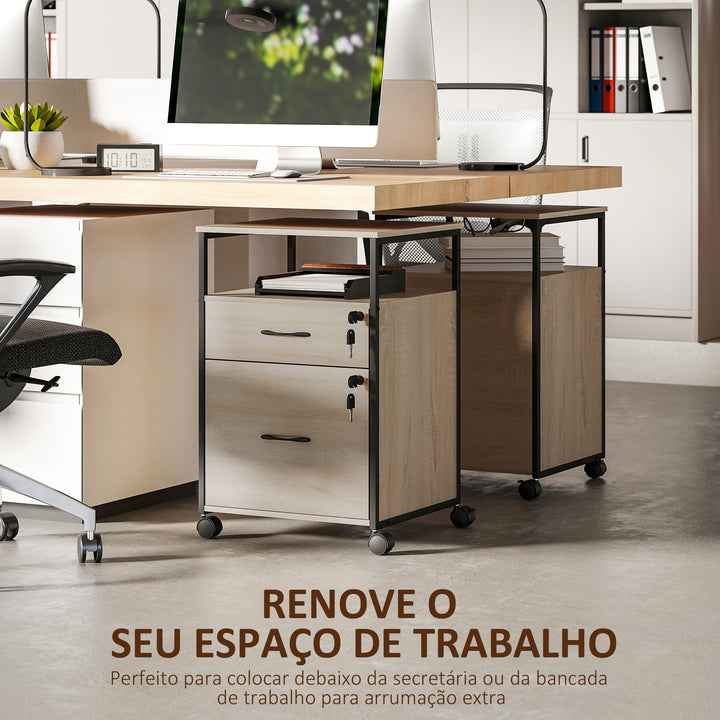 Bloco de Gavetas com Fechadura Bloco de Gavetas Escritório com Rodas 2 Gavetas Barra Suspensa para Papéis A4 e Carta e 2 Chaves 44x40x66,5 cm Madeira