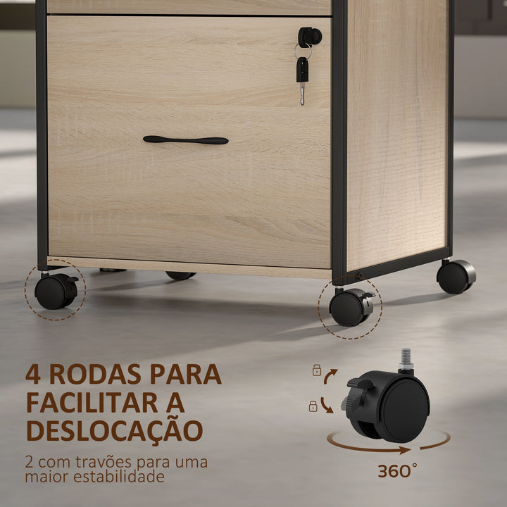 Bloco de Gavetas com Fechadura Bloco de Gavetas Escritório com Rodas 2 Gavetas Barra Suspensa para Papéis A4 e Carta e 2 Chaves 44x40x66,5 cm Madeira