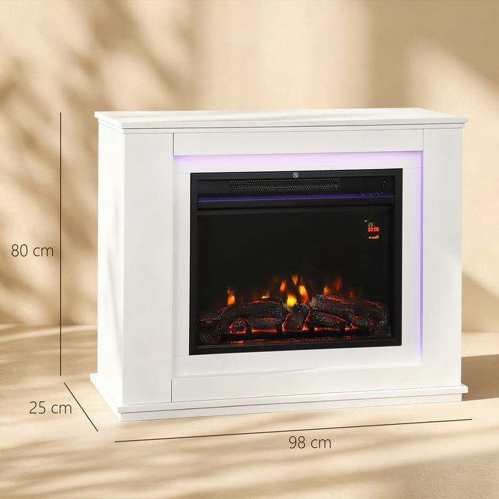 Lareira Elétrica com Efeito de Chama de 5 Níveis de Brilho, Luzes LED de 12 Cores, Lareira Decorativa, 1000/2000W, Temporizador, Termóstato Digital, Controlo Remoto, para 30 ?, Branco