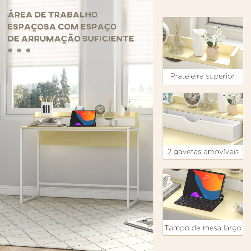 Secretária Moderna Mesa para Escritório Mesa de Computador com Estante de Armazenamento e 2 Gavetas Removíveis 106x50x89 cm Branco